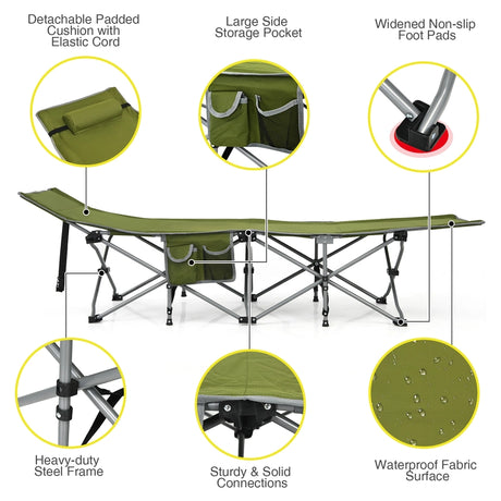 Folding Camping Cot with Side Storage Pocket &amp; Detachable Headrest-Green