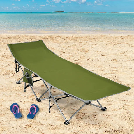 Folding Camping Cot with Side Storage Pocket &amp; Detachable Headrest-Green