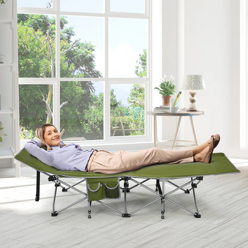 Folding Camping Cot with Side Storage Pocket &amp; Detachable Headrest-Green