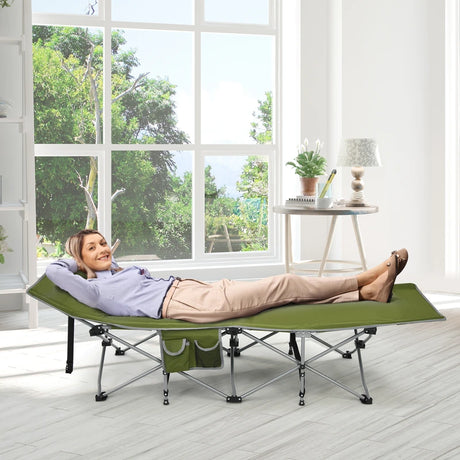Folding Camping Cot with Side Storage Pocket &amp; Detachable Headrest-Green