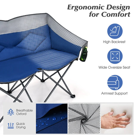 Folding Loveseat Camping Chair with 2 Mesh Storage Bags