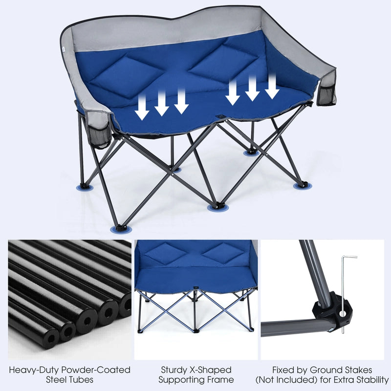 Folding Loveseat Camping Chair with 2 Mesh Storage Bags