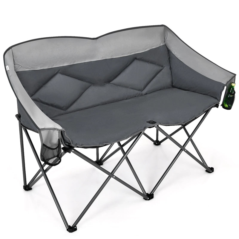 Outdoor Double Folding Camping Chair with Armrest and Carry Bag-Grey