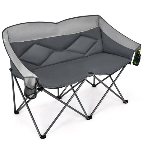 Outdoor Double Folding Camping Chair with Armrest and Carry Bag-Grey