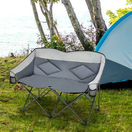 Outdoor Double Folding Camping Chair with Armrest and Carry Bag-Grey