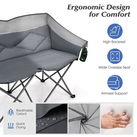 Outdoor Double Folding Camping Chair with Armrest and Carry Bag-Grey