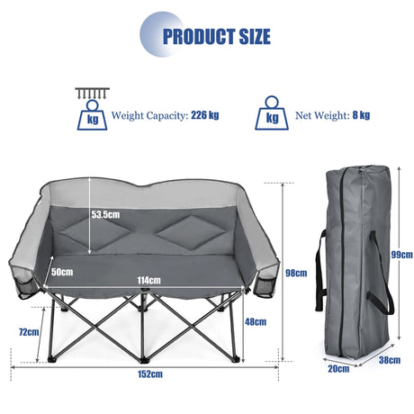 Outdoor Double Folding Camping Chair with Armrest and Carry Bag-Grey
