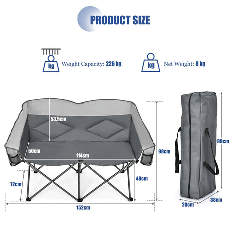 Outdoor Double Folding Camping Chair with Armrest and Carry Bag-Grey