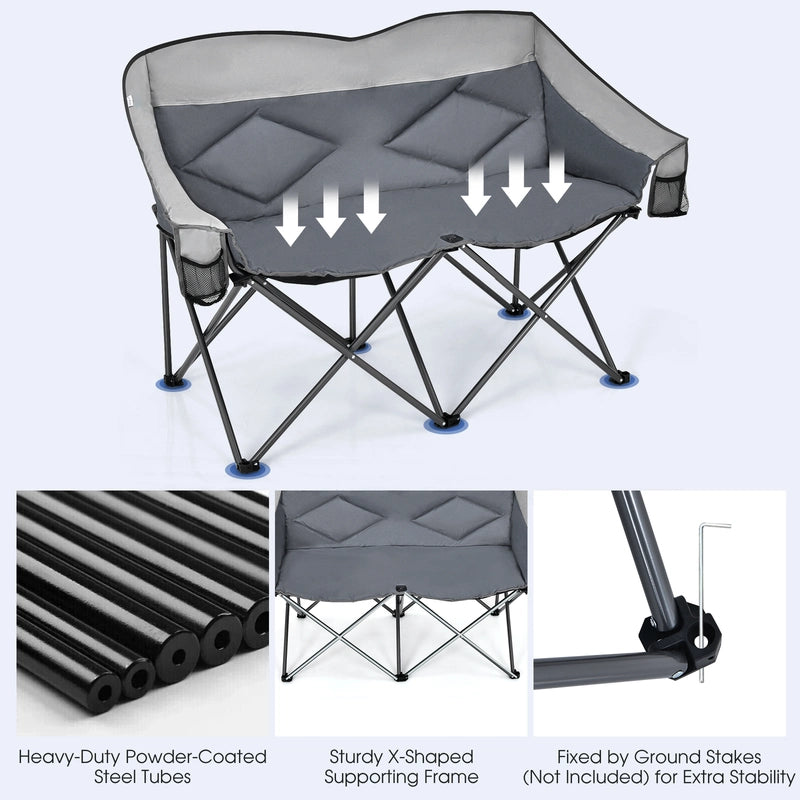 Outdoor Double Folding Camping Chair with Armrest and Carry Bag-Grey