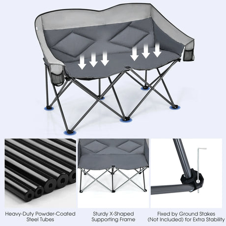 Outdoor Double Folding Camping Chair with Armrest and Carry Bag-Grey