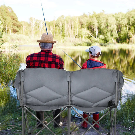 Outdoor Double Folding Camping Chair with Armrest and Carry Bag-Grey