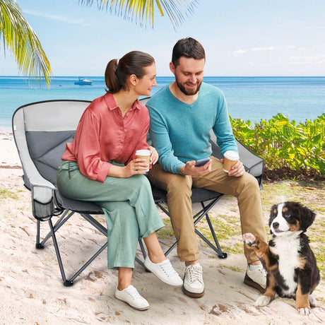 Outdoor Double Folding Camping Chair with Armrest and Carry Bag-Grey