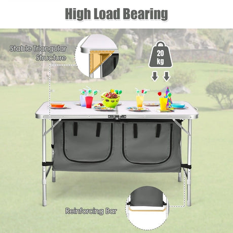 Portable Outdoor Aluminum Picnic Table with Zippered Storage Organizer for BBQ/Party