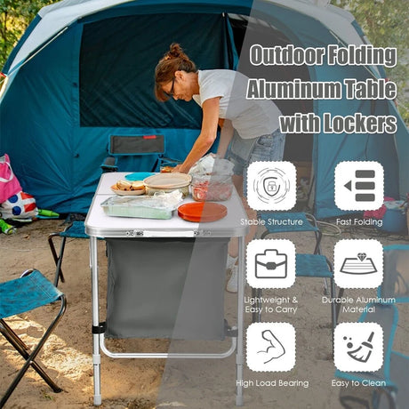 Portable Outdoor Aluminum Picnic Table with Zippered Storage Organizer for BBQ/Party