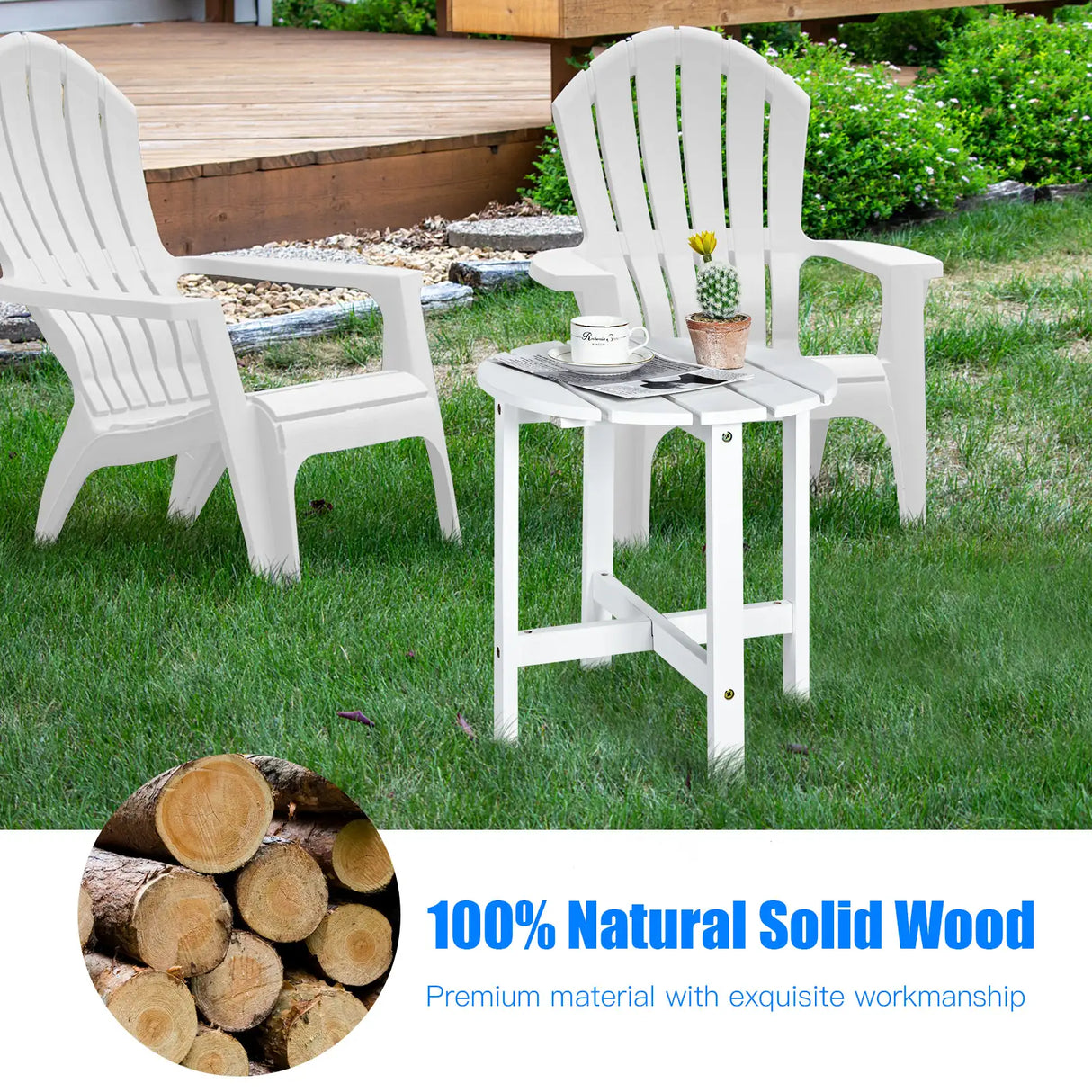 18 Inch Patio Round Side Wooden Slat End Coffee Table for Garden-White