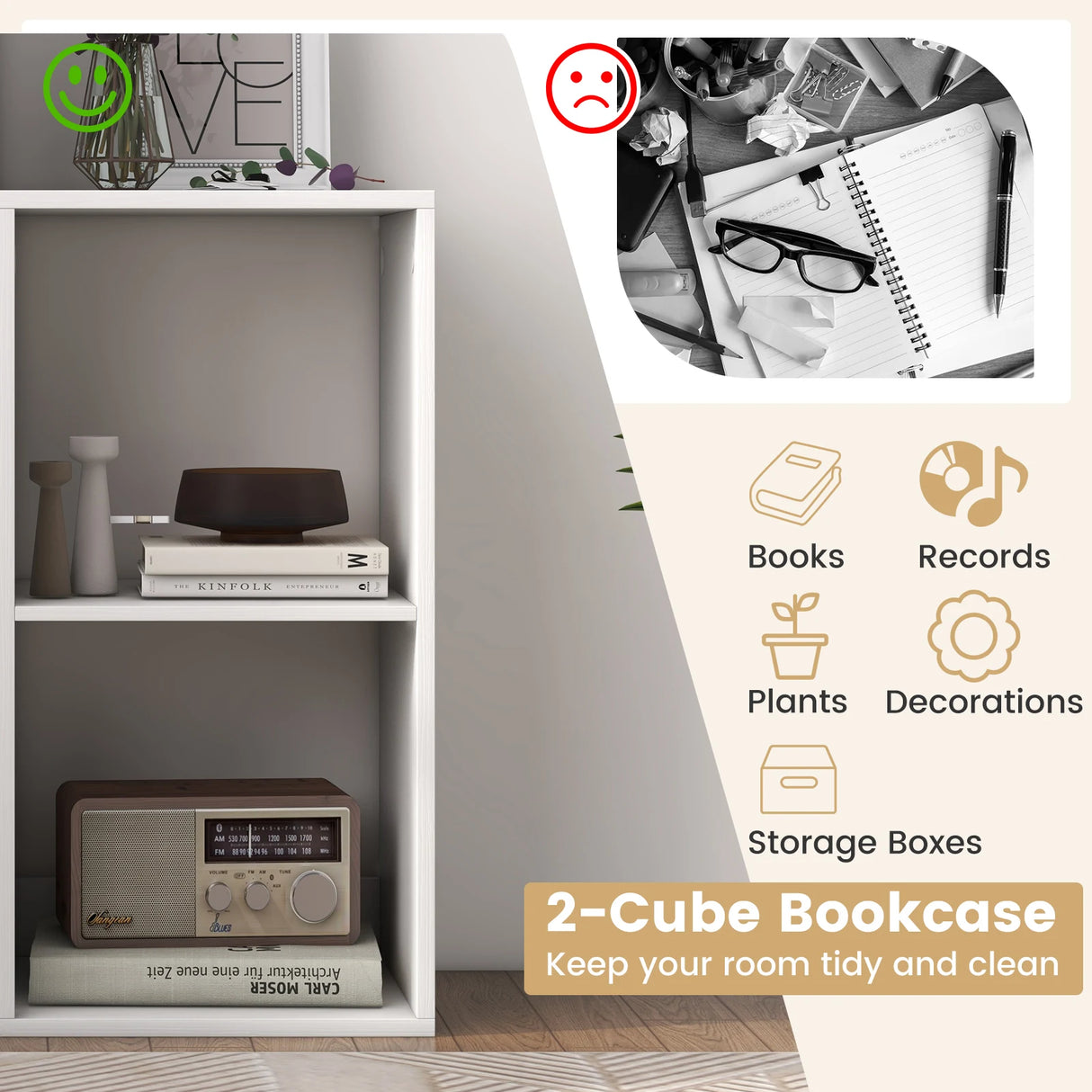 Open Back 2 Tier Bookshelf with Anti-toppling Kit-White