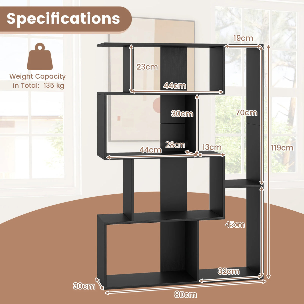 6-Cube Open-back Geometric Bookshelf with Anti-tip Kits-Black