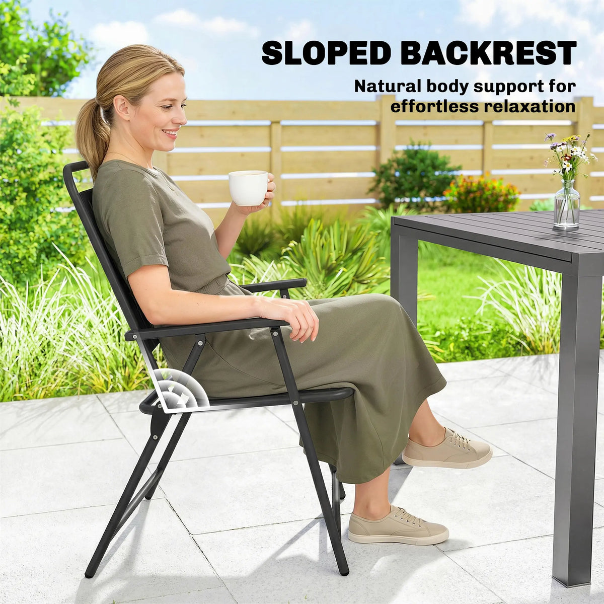 Outsunny Folding Garden Chairs, Garden Dining Chairs with Plastic Slatted Seat Back, Armrests, Steel Frame, Set of 4, Black