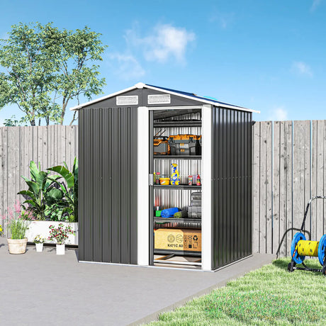 Outsunny Garden Metal Tool Storage Shed with Sliding Door, Sloped Roof and Foundation Kit, 152 x 132 x 188cm, Grey
