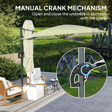Outsunny 3(m) Cantilever Garden Parasol with Solar Powered Lights, Crank Handle & Cross Base, UPF 50+, 360 Rotation, Cream