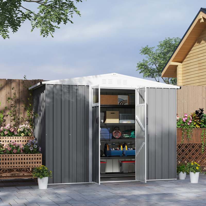 Outsunny 8 x 4 ft Metal Garden Shed, Garden Storage Shed with Window, 4 Vents and Lockable Door, Waterproof Galvanised Steel Tool Storage Shed, Light Grey