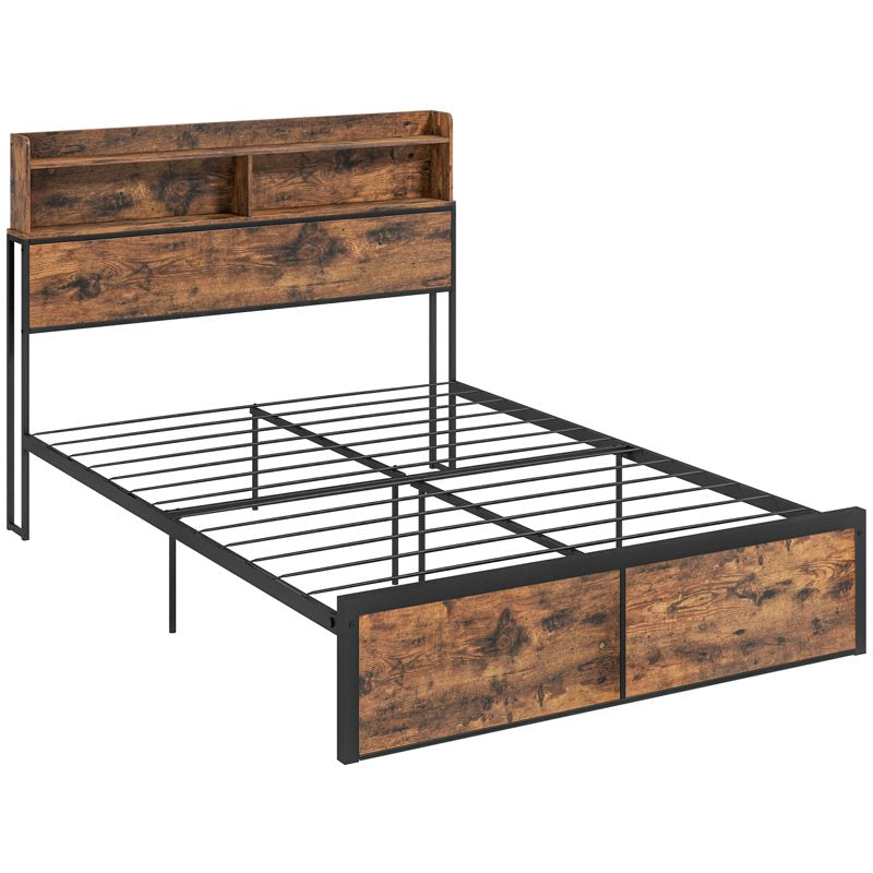 HOMCOM Industrial Double Bed Frame, 4.8FT Steel Bed Base with Storage Headboard, Footboard, Slatted Support and Under Bed Storage, 145 x 209cm, Rustic Brown