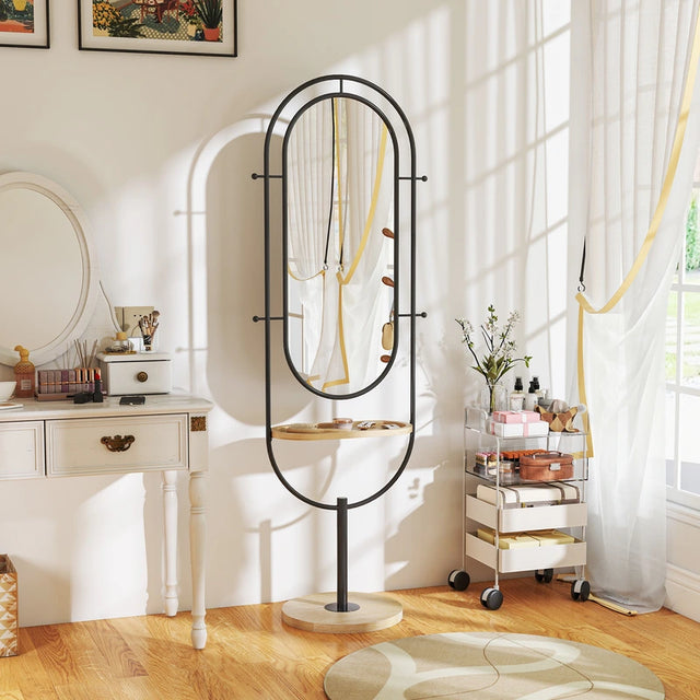 HOMCOM Oval Full Length Mirror with Wooden Tray and 4 Hooks - Black