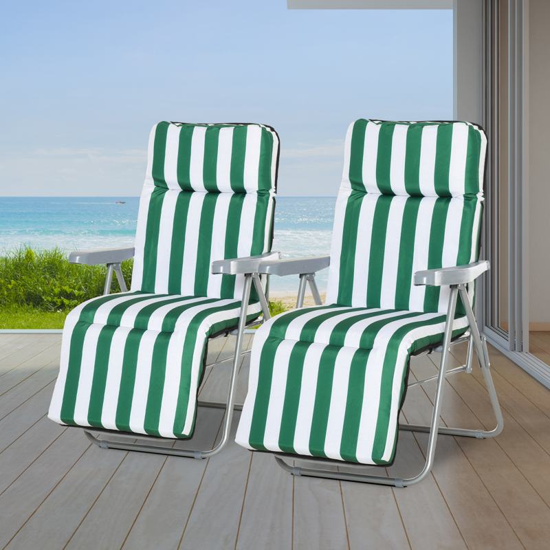 Outsunny 2 Pieces Outdoor Sun Lounger Set with Cushions, Patio Folding 5-Level   Adjustable Backrest Recliner Chairs Set of 2 with High Backrest and Armrests, Green & White