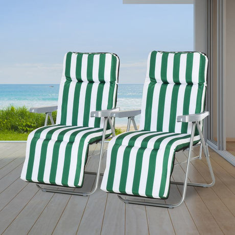 Outsunny 2 Pieces Outdoor Sun Lounger Set with Cushions, Patio Folding 5-Level   Adjustable Backrest Recliner Chairs Set of 2 with High Backrest and Armrests, Green & White