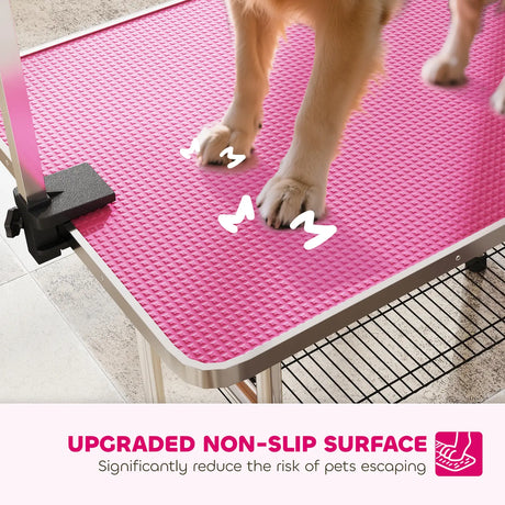 PawHut 42" Dog Grooming Table, Adjustable Pet Cat Drying Beauty Table with 2 Loops Storage Basket, Rubber Top, Pink