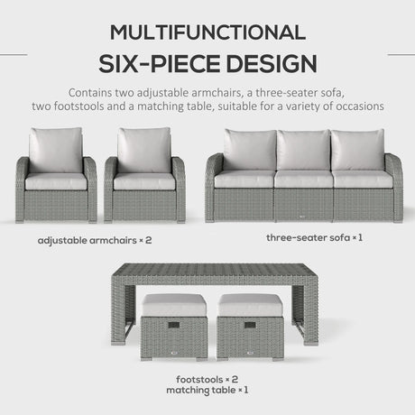 Outsunny Six-piece Outdoor Rattan Dining Set, Outdoor Sofa Set with Reclining Armchairs and Mental Frame, Grey