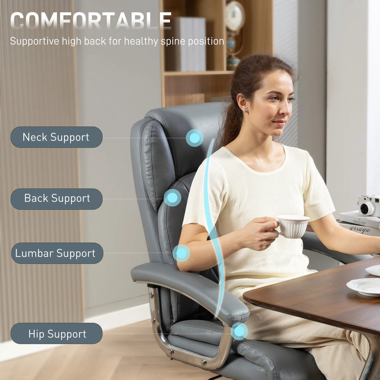 HOMCOM Big and Tall Office Chair 180kg with Spring Cushion, PU Leather - Grey