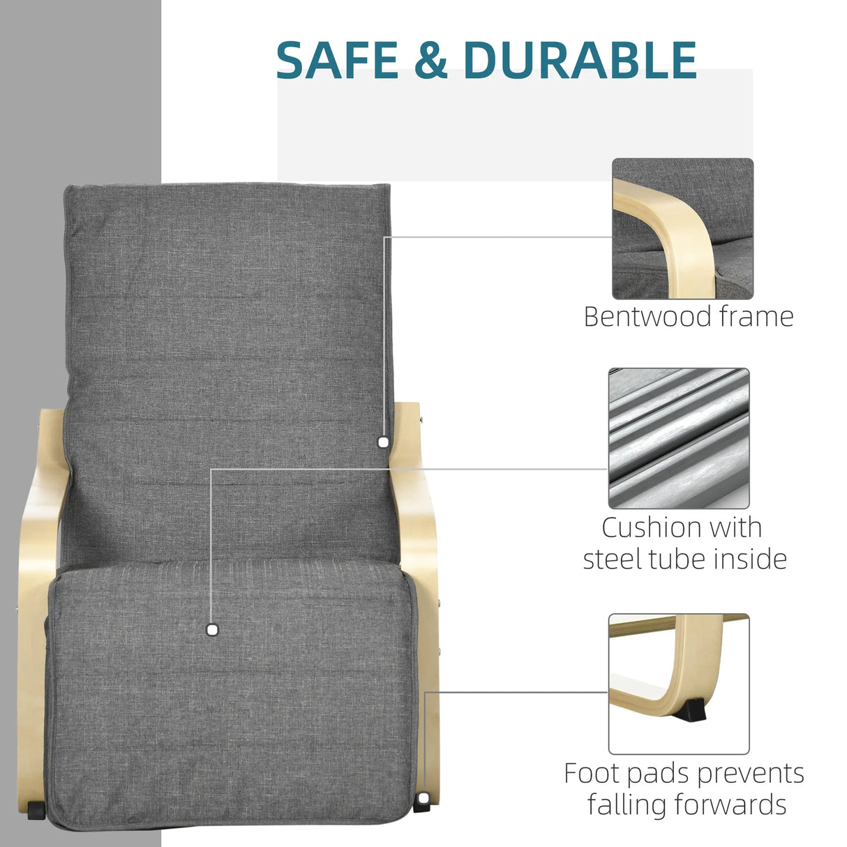 HOMCOM Wooden Armchair, Upholstered Linen Lounge Chair with Adjustable Footrest & Removable Cushion, Poang Chair for Living Room, Dark Grey