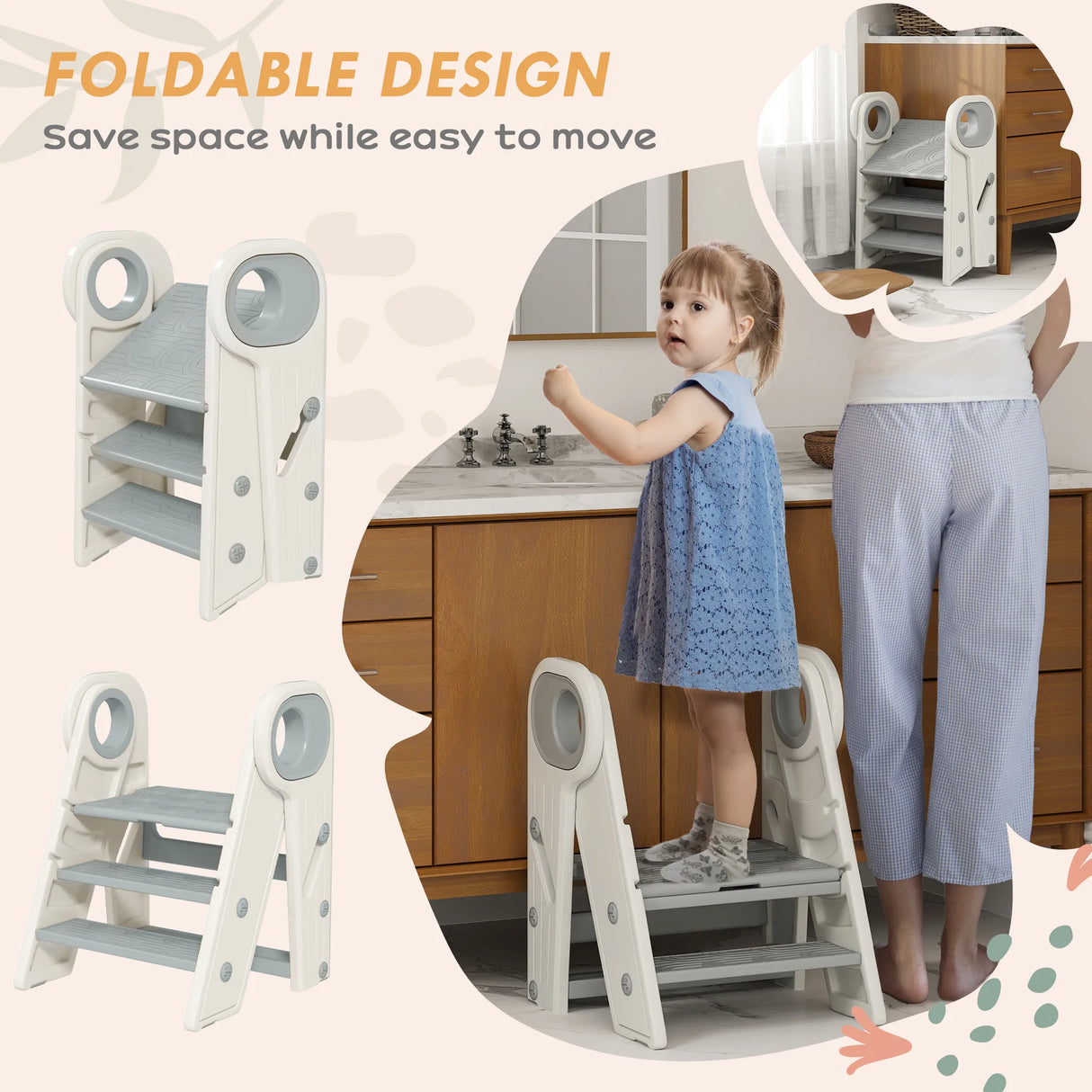 AIYAPLAY Foldable and Adjustable Kids Step Stool with Handle, Non-Slip, Grey
