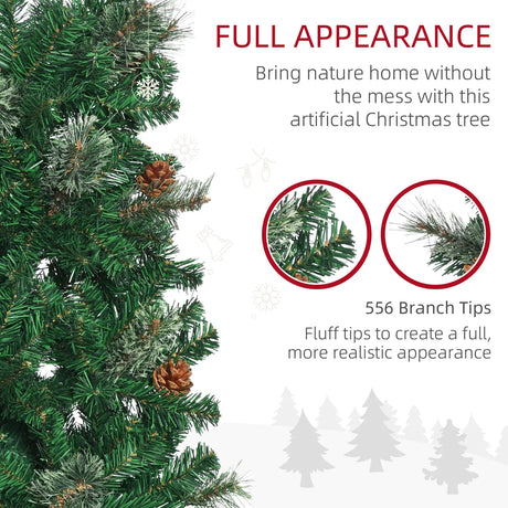 HOMCOM 6.5FT Tall Pencil Slim Artificial Christmas Tree with Realistic Branches, Tip Count and Pine Cones, Pine Needles Tree, Xmas Decoration, Green