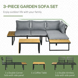 Outsunny 3 Pieces Patio Furniture Set, Outdoor Garden Sofa Conversation Set w/ Padded Cushions, Wood Grain Plastic Top Table and Side Panel, Dark Grey