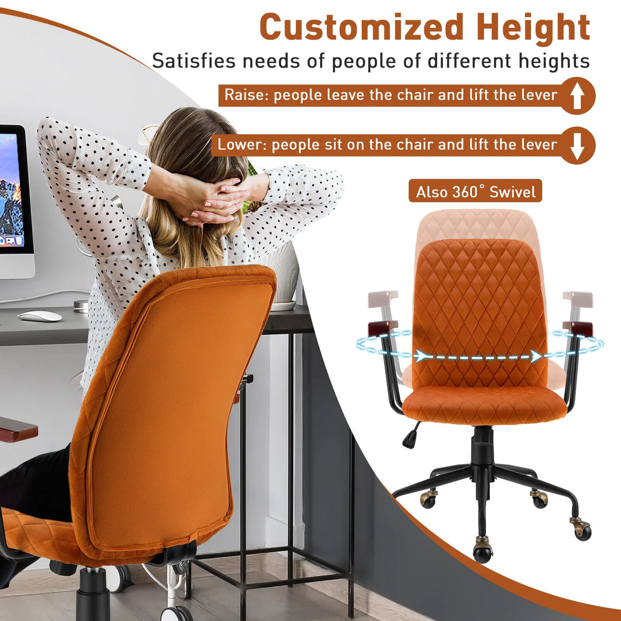 Retro Swivel Velvet Computer Desk Chair with Armrest for Home &amp; Office-Orange