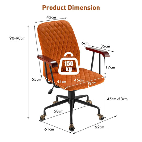 Retro Swivel Velvet Computer Desk Chair with Armrest for Home &amp; Office-Orange