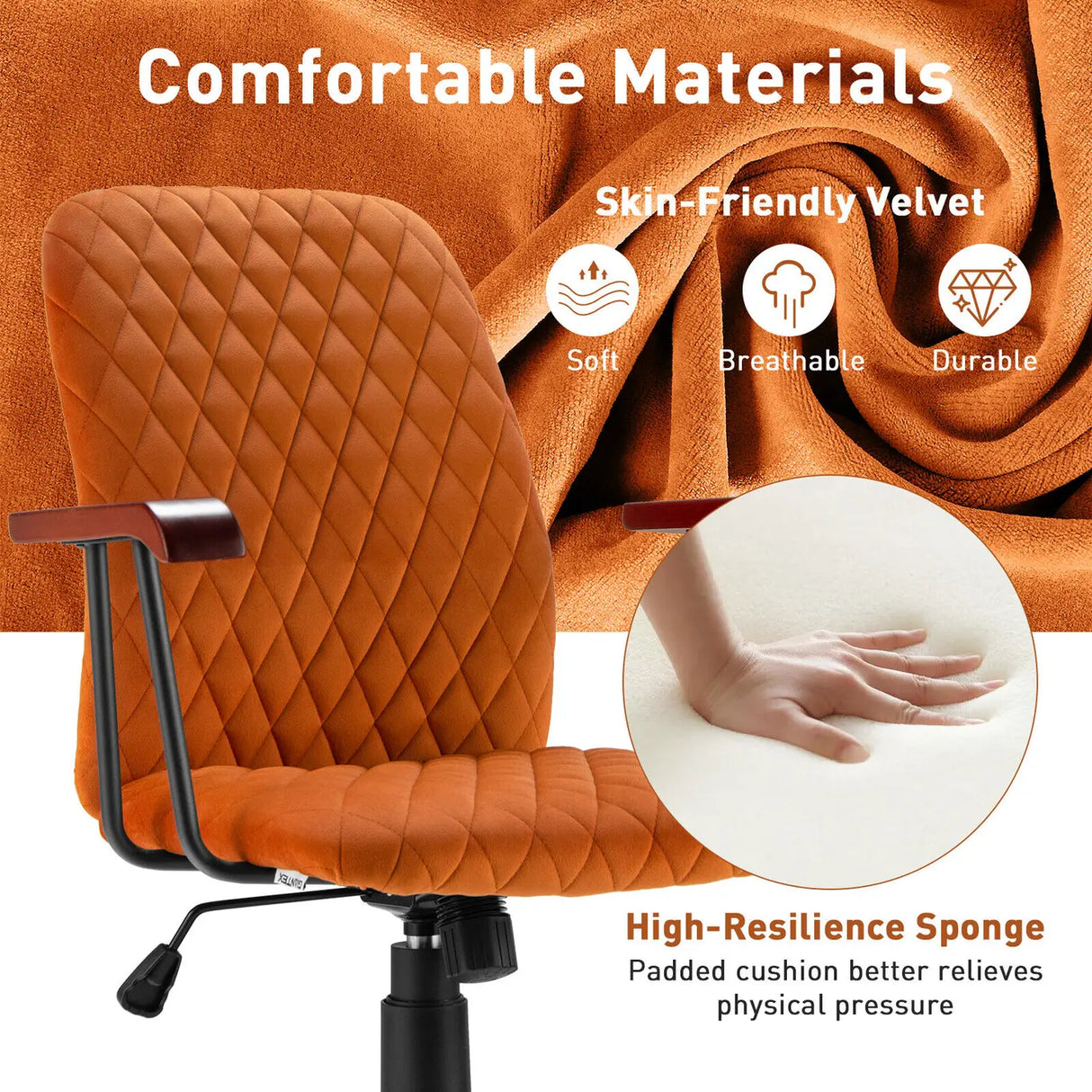 Retro Swivel Velvet Computer Desk Chair with Armrest for Home &amp; Office-Orange