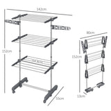 HOMCOM Three-Shelf Collapsing Clothes Horse, With Side Arms and Wheels - Grey