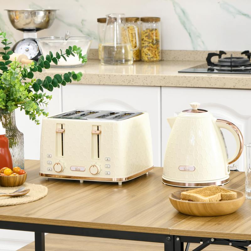 HOMCOM Kettle and Toaster Set, 1.7L 3000W Fast Boil Jug Kettle with Auto Shut Off, 4 Slice Toaster with 7 Level Browning Controls & Crumb Tray, Beige