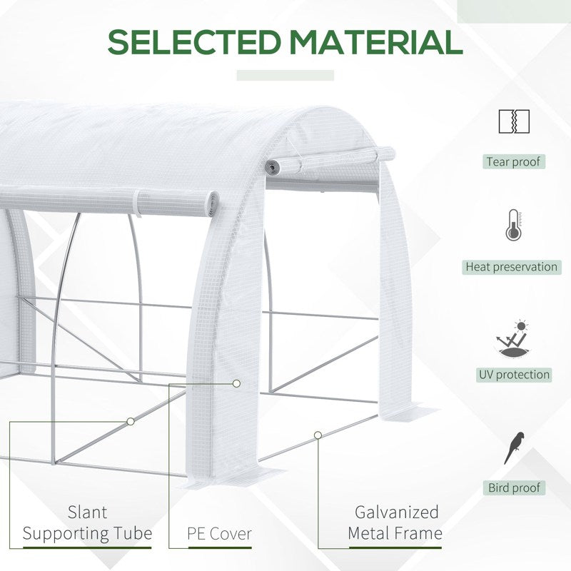 Outsunny 3 x 3 x 2 m Polytunnel Greenhouse with Roll-up Side Walls, Walk-in Grow House Tent with Steel Frame, Reinforced Cover, Zipped Door and 6 Mesh Windows for Garden, White