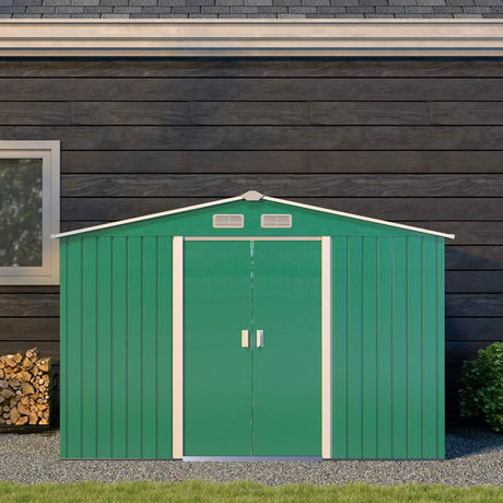 Outsunny 9 x 6ft Metal Garden Shed, Outdoor Storage Tool House with Ventilation Slots, Foundation Kit and Lockable Double Doors, Green