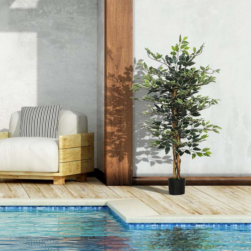 HOMCOM Artificial Ficus Tree in Pot, 130cm Tall Fake Plant with Lifelike Leaves and Natural Trunks, for Indoor Outdoor, Green