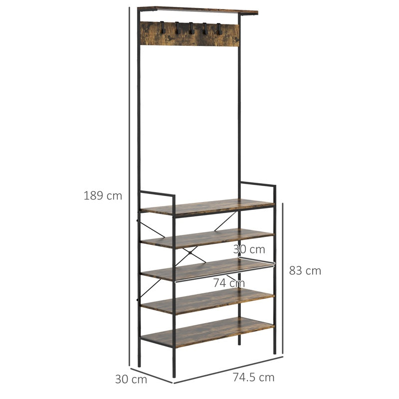 HOMCOM Coat Stand, Industrial Coat Rack with Shoe Storage, Free Standing Hall Tree with 5 Hooks, 5 Shelves and Steel Frame for Hallway, Entryway, Rustic Brown