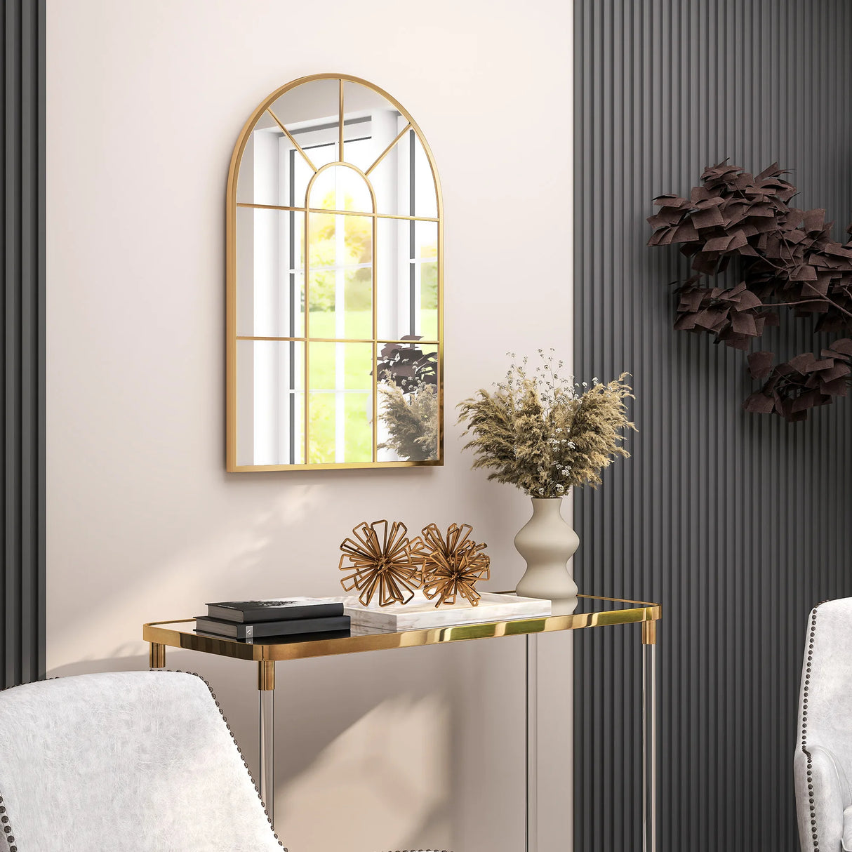 HOMCOM 90 X 61cm Arched Grid Mirror - Gold Tone