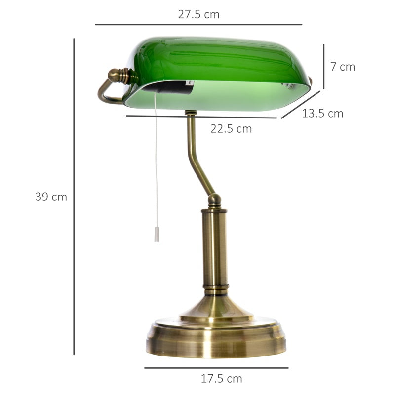 HOMCOM Banker's Desk Lamp with Antique Bronze Tone Base, Table Lamp with Green Glass Shade for Home Office, Green