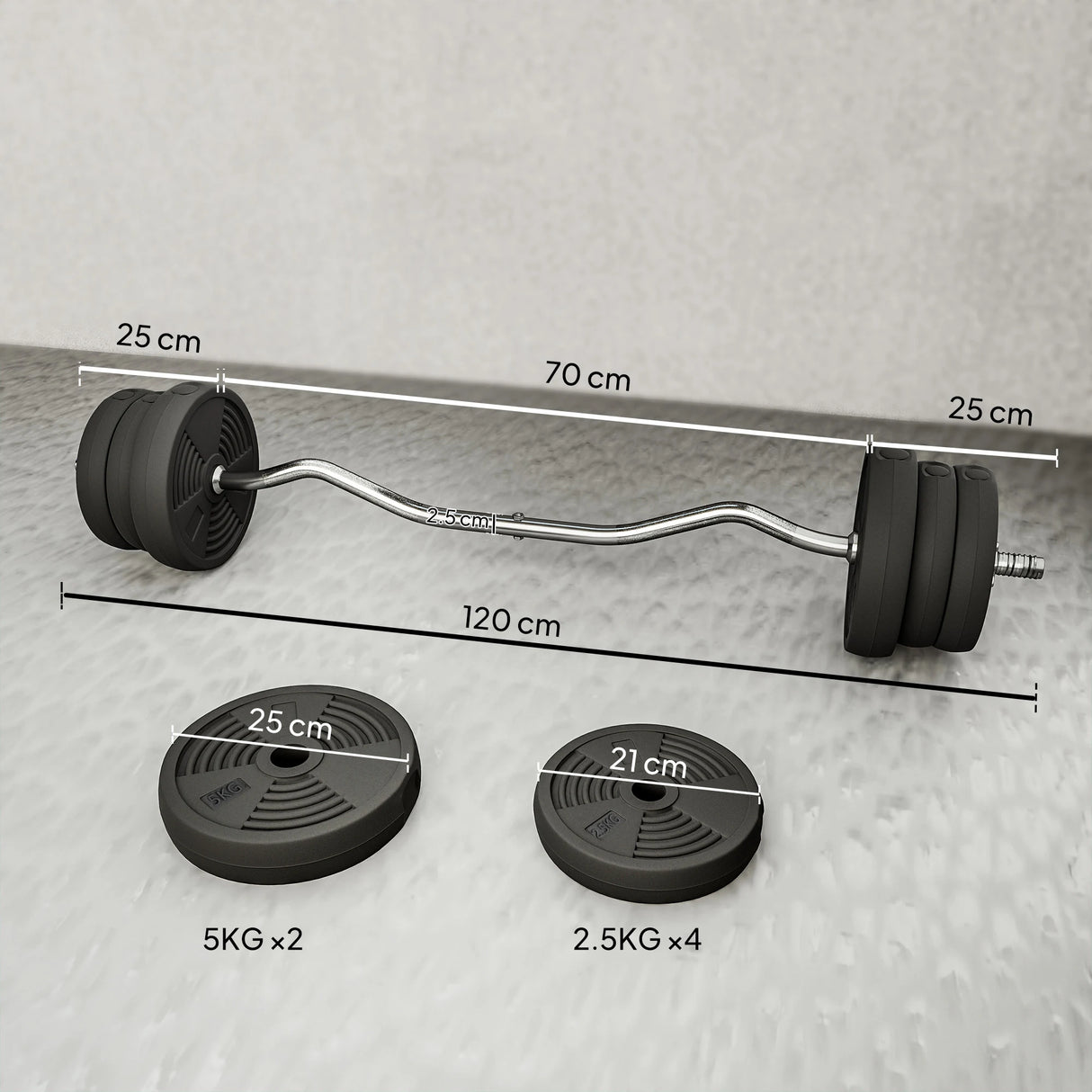 SPORTNOW 25kg Barbell Set, Adjustable Weights with Curl bar and Non-Slip Handle, for Women and Men Weight Lifting Training