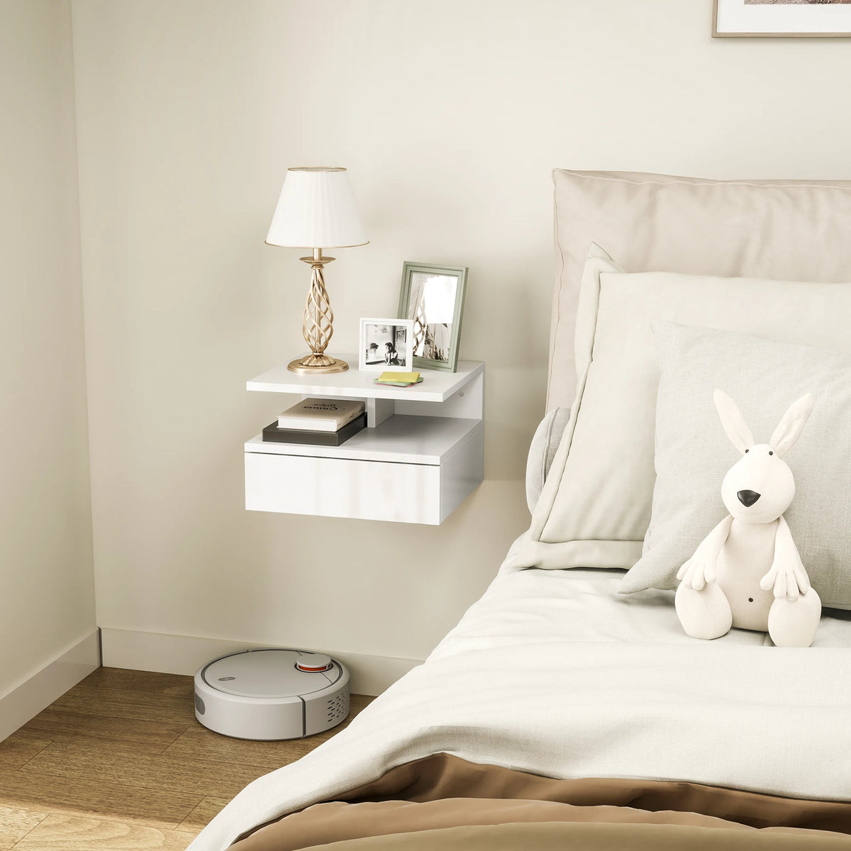 HOMCOM Floating High Gloss Bedside Table - High Gloss White
