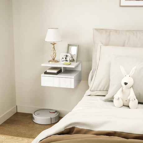 HOMCOM Floating High Gloss Bedside Table - High Gloss White